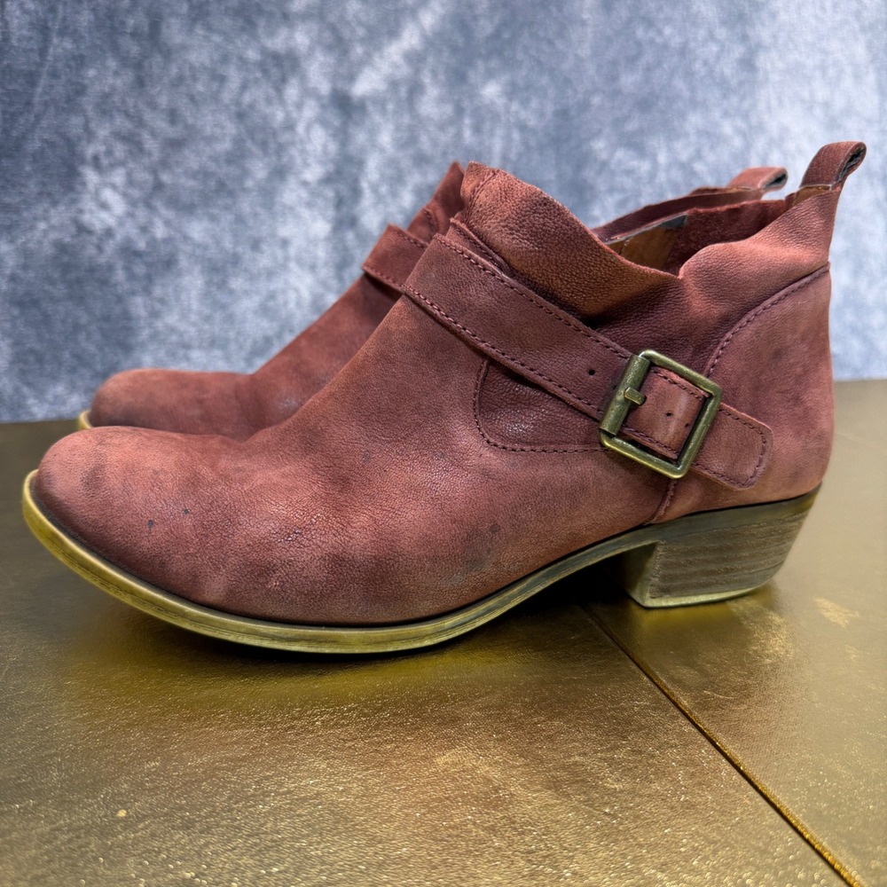 Lucky Brand Ankle Boots Womens Burgundy Regular 8M Leather Buckle Zip Casual